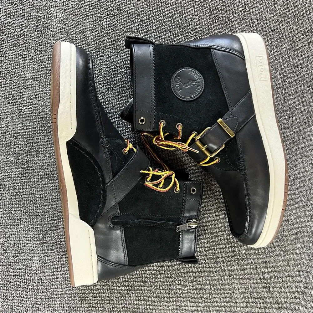 Polo Ralph Lauren Boots Mens 11 Black Leather SNKR Ranger Strap Lace Up Ankle